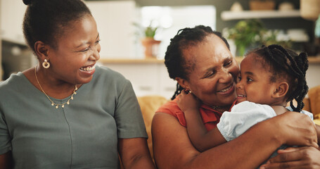 Smile, relax and black child with mother and grandmother in home for womens day celebration...