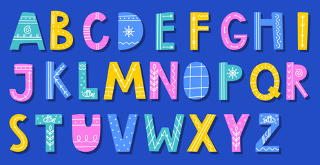Set with multi-colored marine alphabet. PRINTING on clothes and wrapping paper.