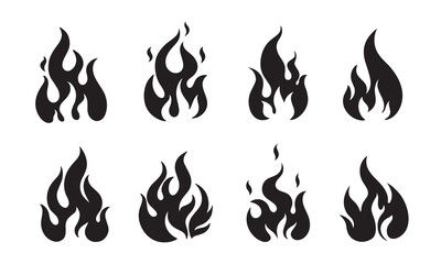 Flame silhouettes set. Set of 8 flame silhouettes. Flame silhouettes isolated on white background. Sparkle flame hot fire silhouettes template. Vector illustration