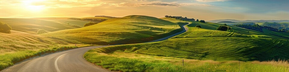 Obraz premium Sunlit winding road in picturesque countryside with vibrant blue sky and green landscape Ideal portrayal of travel freedom and exploration