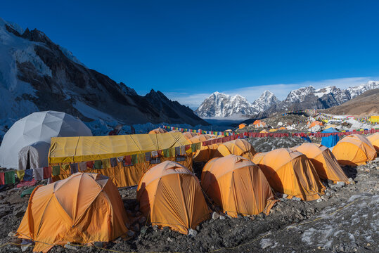 Different kinds of tents at Everest base camp. Mountaineering lifestyle.