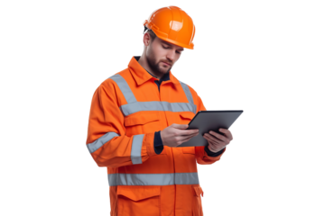 railway worker standing holding a tablet in his hand on a transparent background