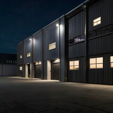 Exterior of a modern warehouse building  with a small office unit at night