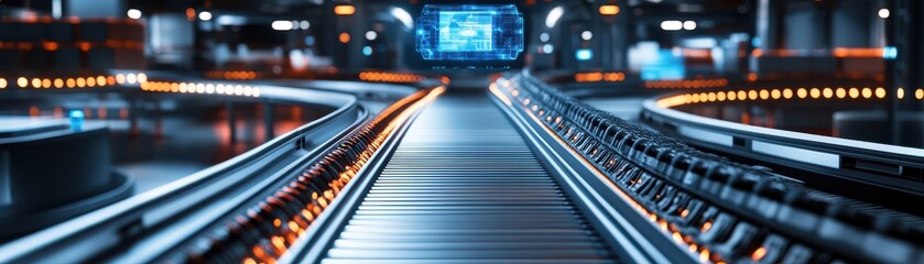 Futuristic conveyor belt in a modern warehouse with illuminated pathway and high-tech background for industrial themes.