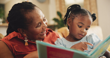 Smile, grandmother and child with book for education, learning literature and fantasy storytelling...
