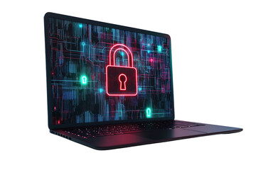 laptop with the padlocks symbol for cyber security on a transparent background