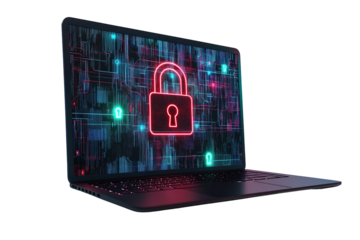 laptop with the padlocks symbol for cyber security on a transparent background