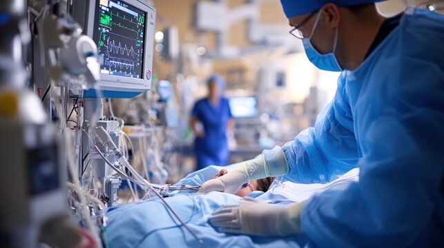 A patient undergoes a cardiac catheterization procedure, with a medical professional guiding the process. The image captures the seriousness of the procedure, with the patient lying on a table