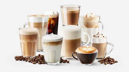 Various coffee drinks, including cappuccino, latte and espresso, arranged at an angle on a transparent background