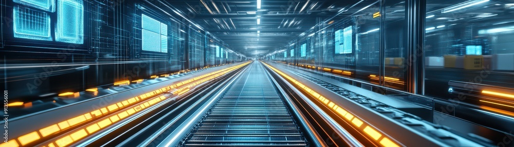 Poster futuristic technology corridor with illuminated pathways. sleek design and vibrant colors create a h
