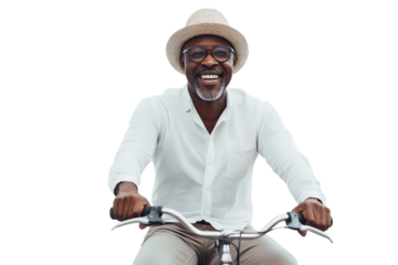 happy senior black man smiling while riding a bicycle on a transparent background