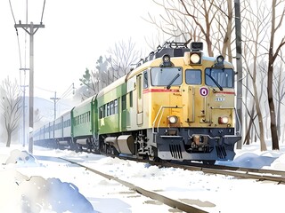 Winter Train Watercolor Landscape Nature Art