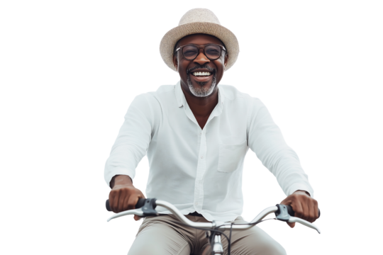 happy senior black man smiling while riding a bicycle on a transparent background - Powered by Adobe