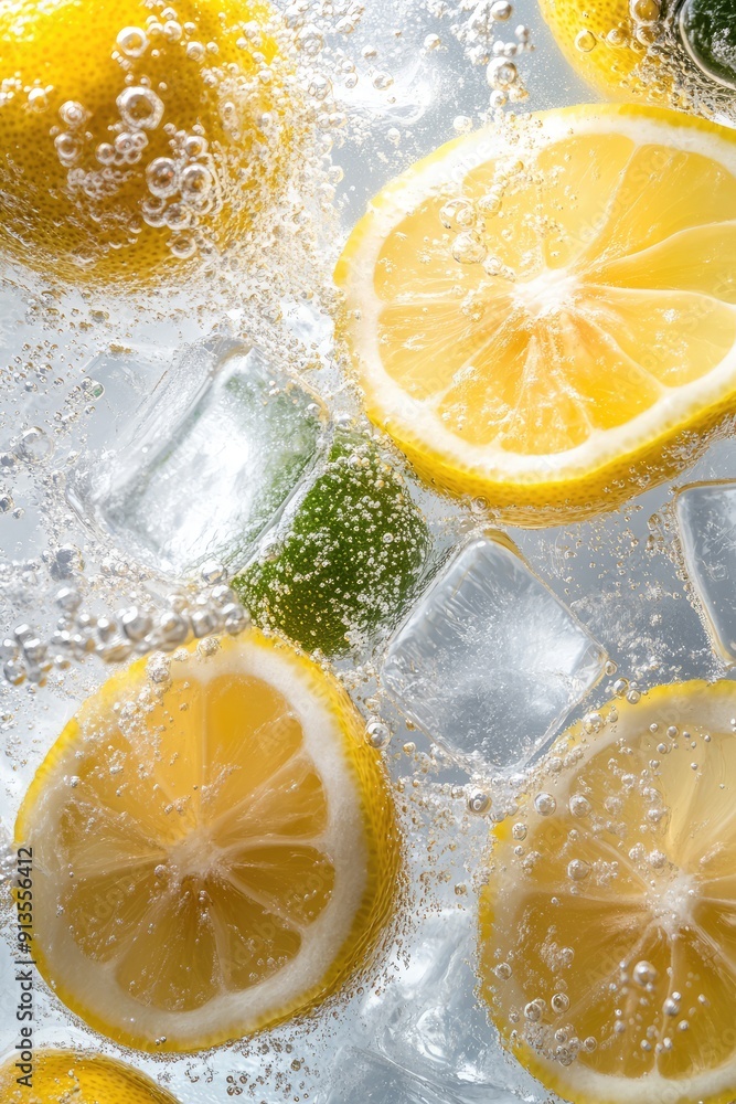 Poster close-up of lemon slices in sparkling water with ice cubes.