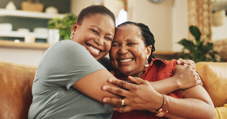 Black family, portrait and women on sofa for hug, love or support in living room. Senior mother,...