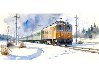 Winter Train Watercolor Landscape Nature Art