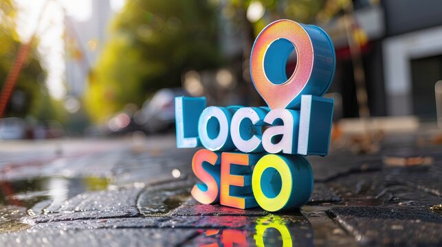 Local SEO Text with Location Pin on Blurred City Street Background Digital Marketing Strategy Online Visibility Optimization Search Engine Concept