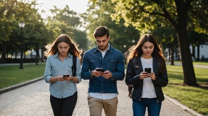 Young adults using smartphones as they are walking out