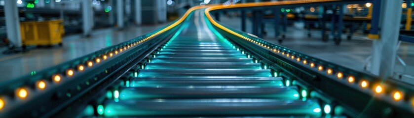 Fototapeta premium Modern Automated Conveyor Belt System in Industrial Factory with LED Lights and High-Tech Machinery