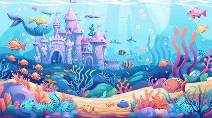 An Underwater Castle Surrounded by Colorful Coral and Fish