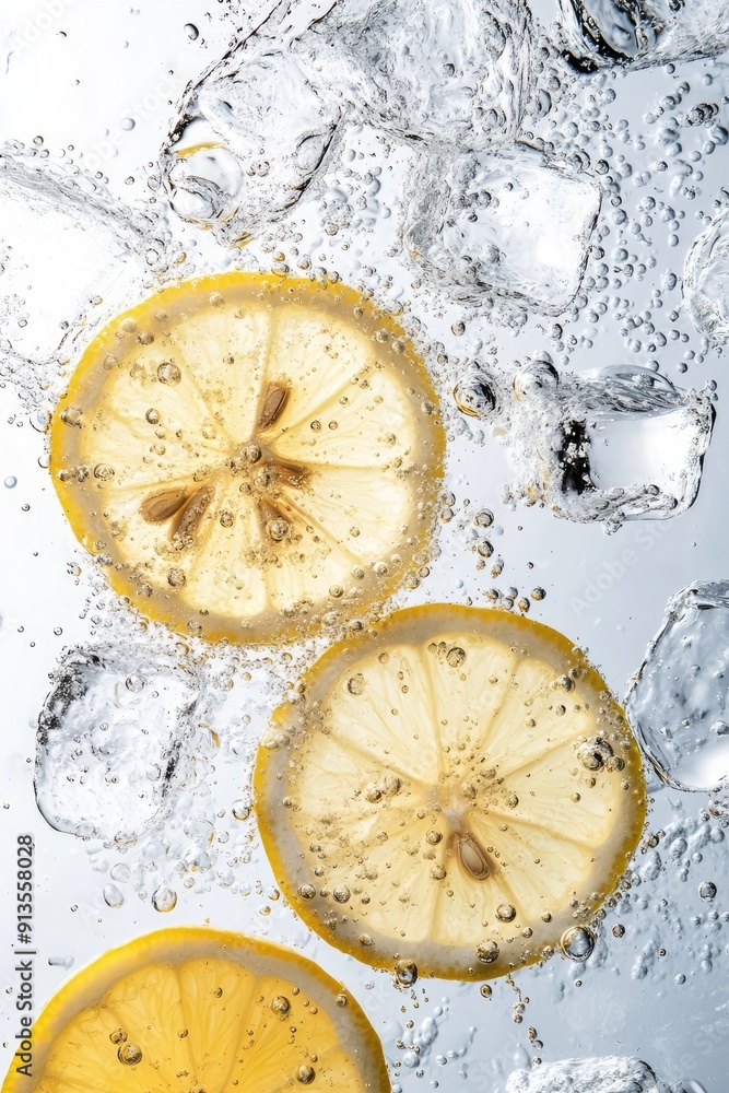 Poster fresh lemon slices floating in sparkling water with ice cubes.