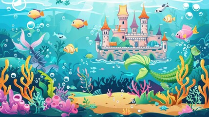 Naklejka premium Undersea Kingdom with Castle and Colorful Fish
