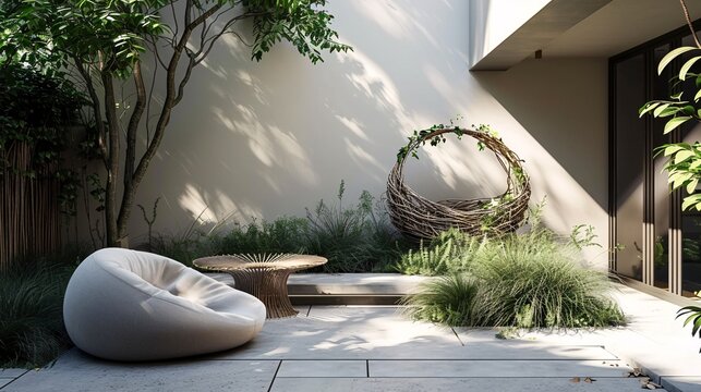 A minimal outdoor space featuring a bird is nest, evoking tranquility and simplicity