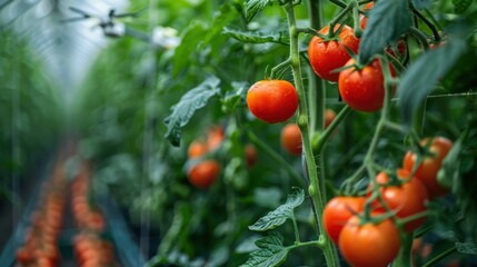 Obraz premium Fresh Ripe Tomatoes Growing on Vines in a Greenhouse with Lush Green Leaves and Natural Light