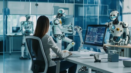 Female scientist conducting research with robots in a state-of-the-art scientific facility