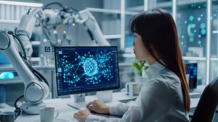 Young Woman Engaged in Work at a Modern Office Desk With Advanced Technology and Robotics