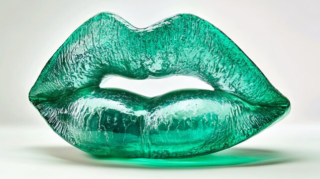 A green glass sculpture of a woman's lips on a white background