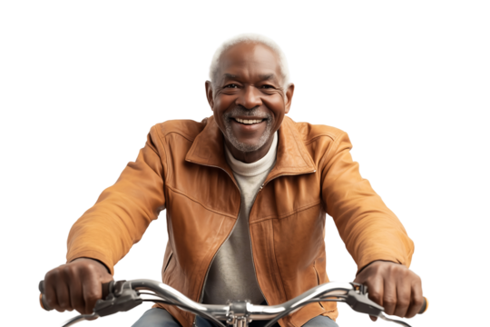 happy senior black man smiling while riding a bicycle on a transparent background - Powered by Adobe