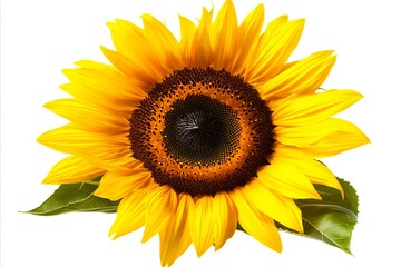 Obraz premium A sunflower with green leaves on a white background