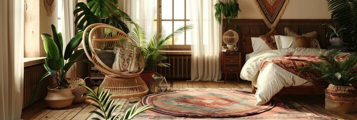 Bohemian Room with Cozy Interior Featuring Wicker Chair Pillows Green Plants Bed and Rug on Wooden Floor