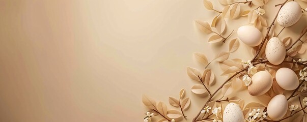 A soft-colored background with a simple arrangement of chicken eggs on the right side of the image, surrounded by branches and leaves