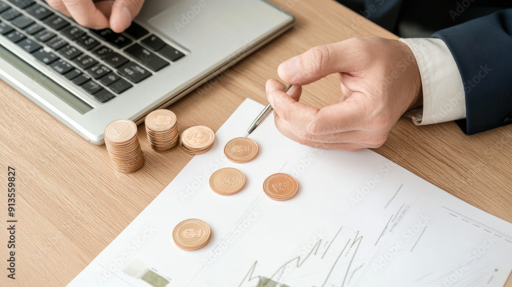 Poster business professional analyzing financial data and cryptocurrency with laptop and graphs on desk, fo