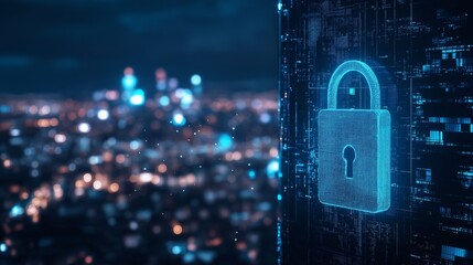 Data safety and security theme with a blue keylock hologram set against a dark background and a view of the city at night. twofold vulnerability