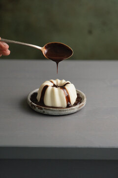 panna cotta on a plate with chocolate
