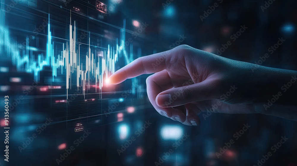 Poster close-up of a hand interacting with digital data and graphs on a futuristic touchscreen, depicting t