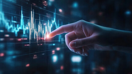 Close-up of a hand interacting with digital data and graphs on a futuristic touchscreen, depicting technology in business analytics.