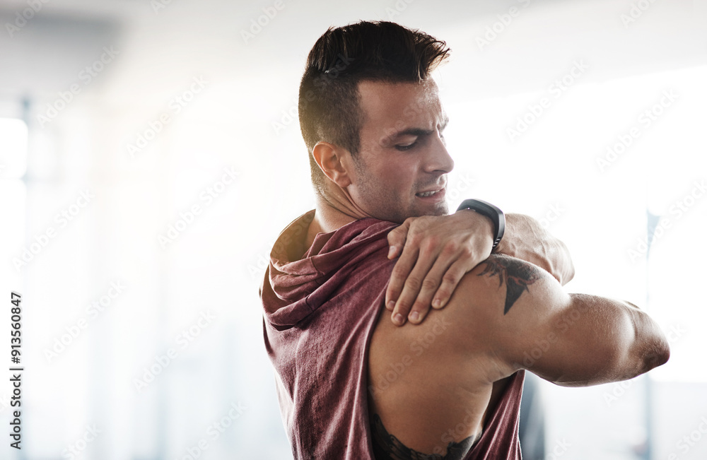 Poster Man, stretch and shoulder in gym for exercise, warm up routine and strength training for health or wellness. Male athlete, bodybuilder and ready for workout to build muscle for competition and sports