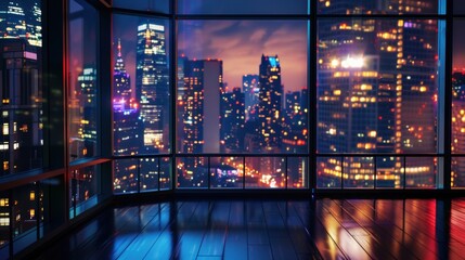 Empty room at night with floor to ceiling windows. City night scene blurred outside the window.