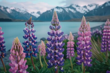 Landscape of beautiful purple and pink lupins flowers at Lake Flornota, New Zealand with snowcapped mountains in the background. Shot on Canon EOS R5 camera with an aperture setting of f8