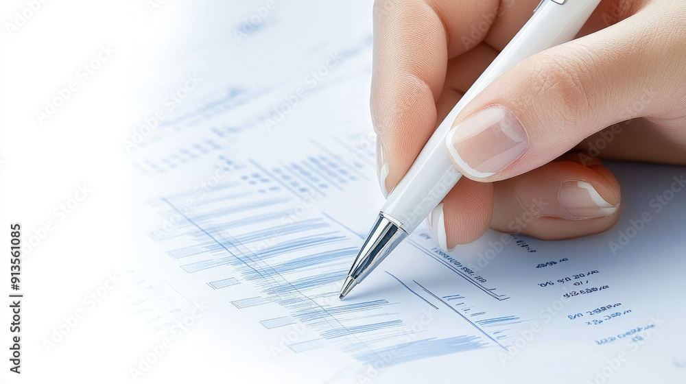 Poster close-up of a person analyzing financial data with a pen, highlighting graphs and charts. perfect fo