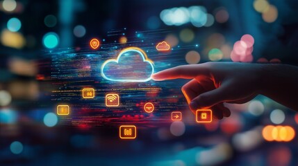 Concept of cloud services: a man touching a computer screen with glowing app icons and a cloud sign against a hazy urban backdrop