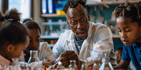 A teacher wearing a lab coat explains a science experiment to a group of students in a classroom.. african man
