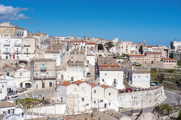 The historic terraced houses of Monte Sant Angelo on the Gargano mountains in the Puglia region of...
