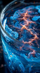 A stunning close-up of a glass containing swirling blue water with vibrant orange and yellow patterns, resembling cosmic energies.