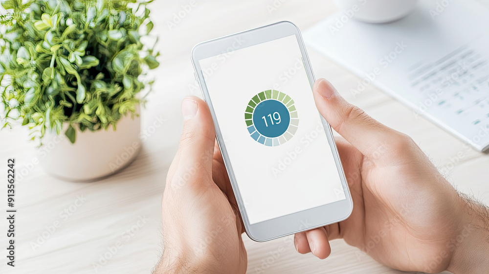 Wall mural close-up of hands holding a smartphone displaying a fitness app with plant and desk in the backgroun