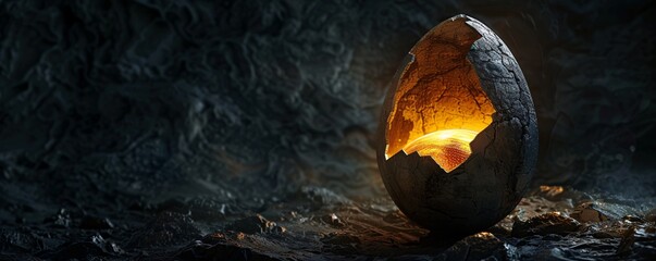 A cracked dinosaur egg revealing a mysterious glowing light inside, placed on the right side of a...